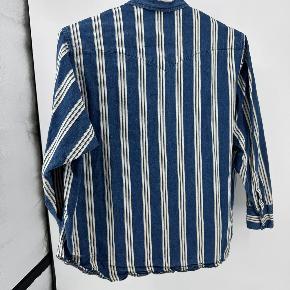 Vintage Wrangler Pearl‎ Snap Denim Western Shirt Mens 19 Blue White Striped
